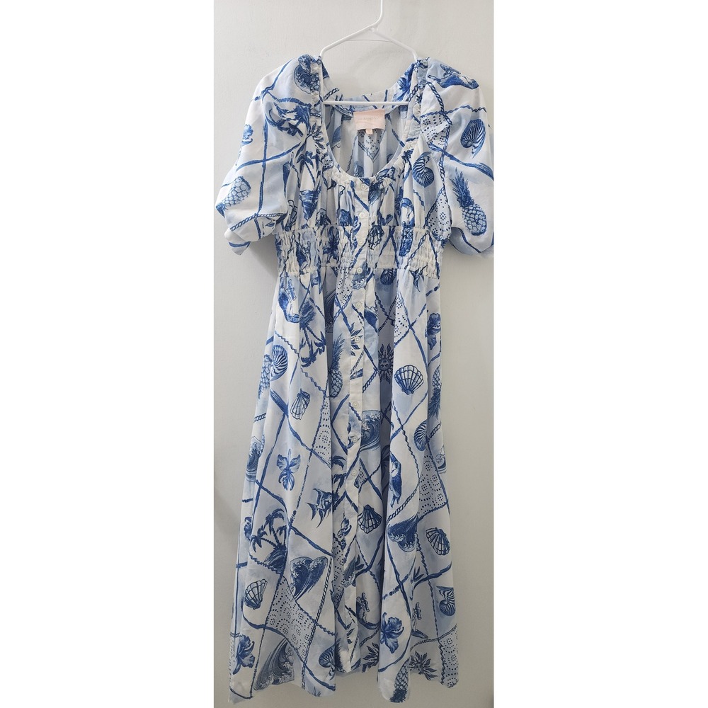 Us Together Blue White Nautical Toile Smocked Maxi Dress Large Seashell Print